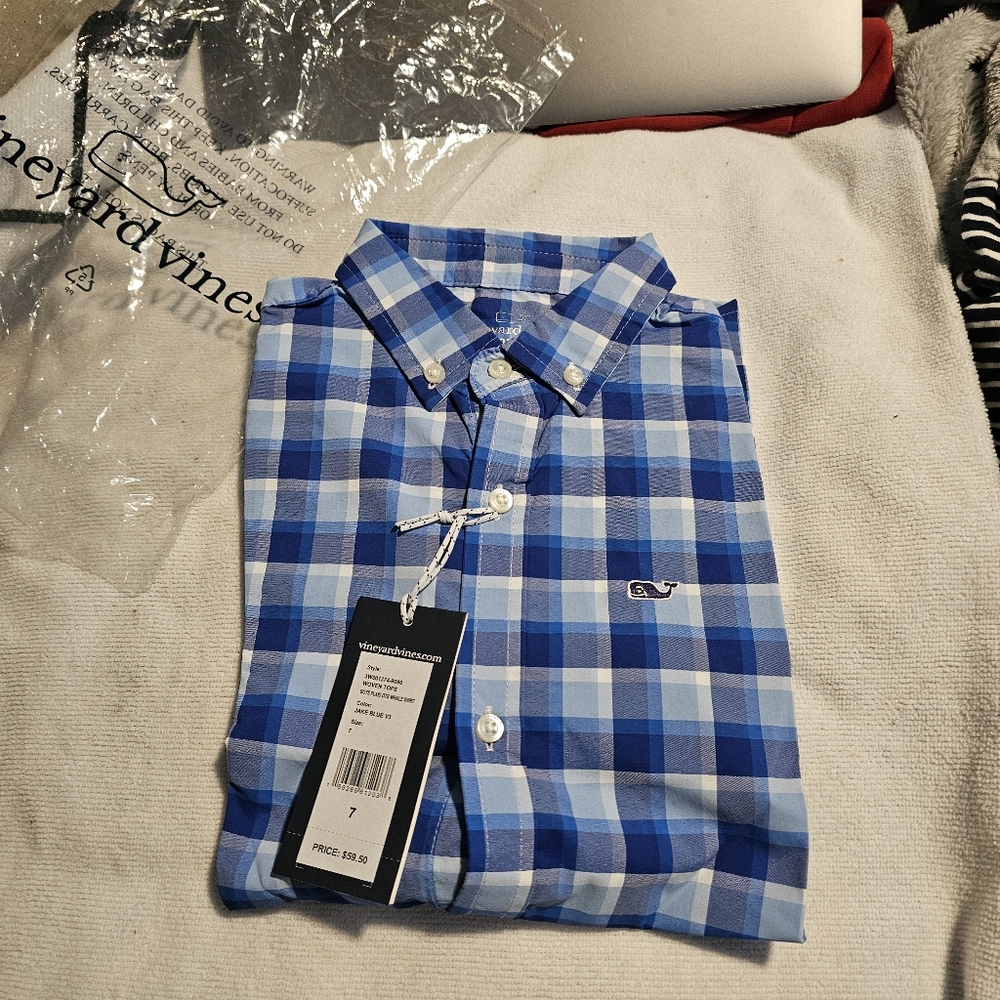 Vineyard Vines Button Down Long Sleeve Performance Shirt Blue White Boy's Size 7